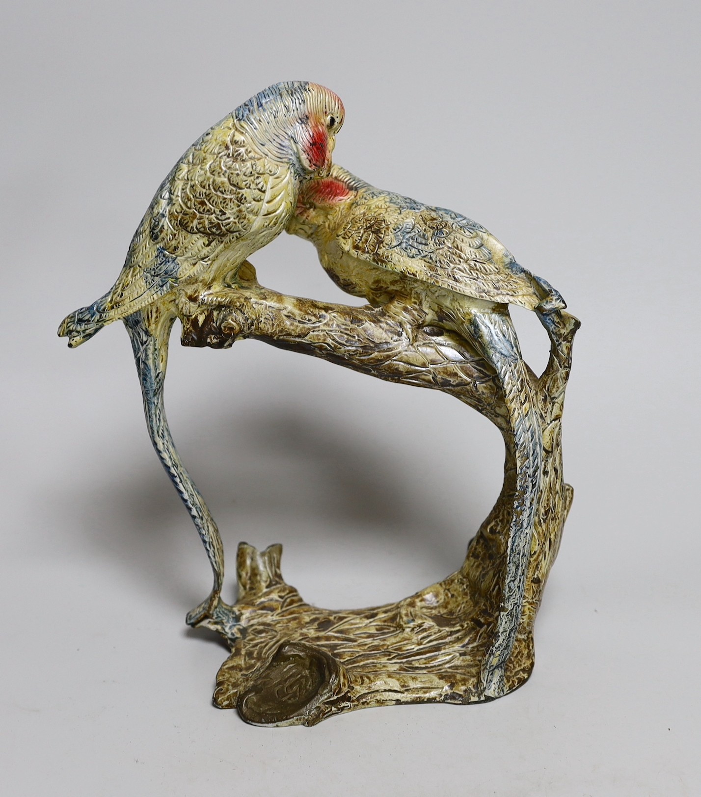 A Bergman style cold painted bronze budgerigar group, 25cm